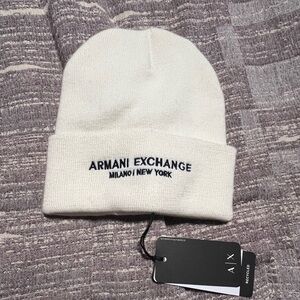Armani Exchange Ivory Folded Cuff Knit Beanie